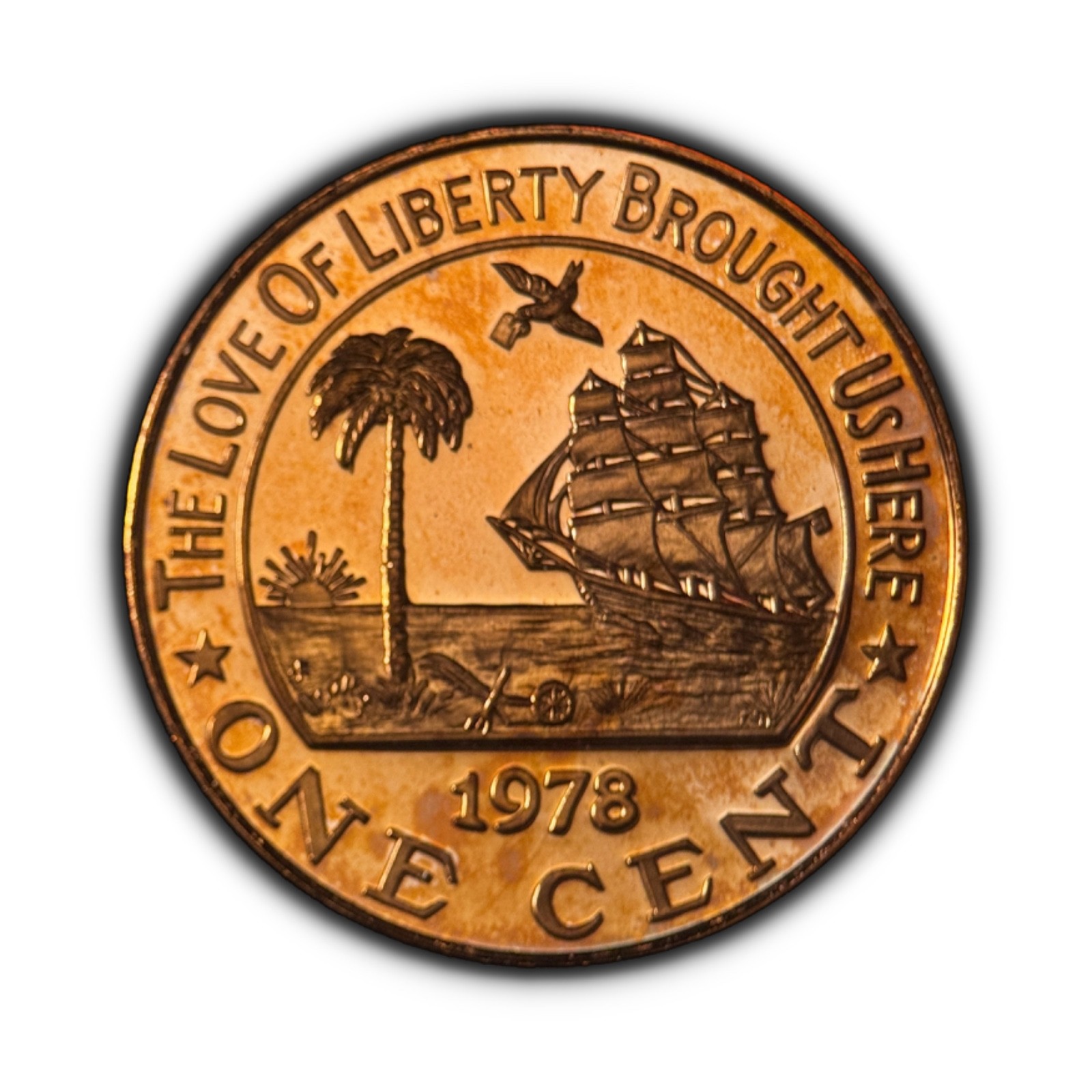 LIBERIA. 1978, 1 Cent - Elephant, Palm Tree, Pennsylvania Proof Toned Rare 1