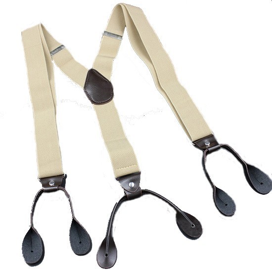 6 Button Holes Link Men's Suspenders Beige Color 24-43" Adjustable Length 1.37"W