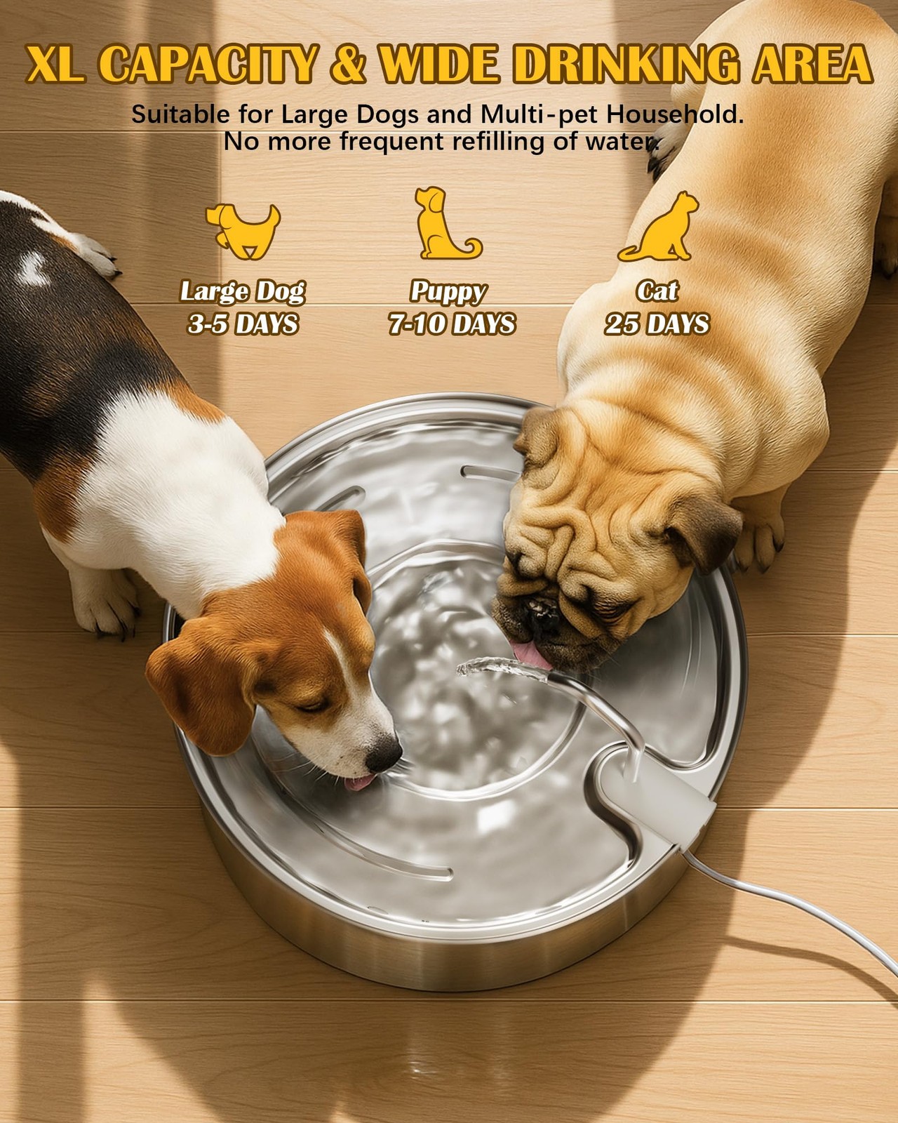 Best Dog Water Fountain for Large Dogs- 270oz/8L Stainless Steel Bowl Dispenser