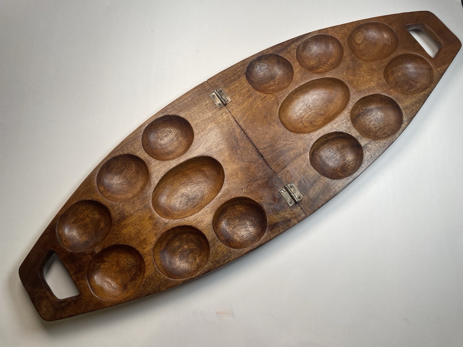VTG Hand Carved Hinged Mancala Board With Handles 26” x 9” Beautiful!