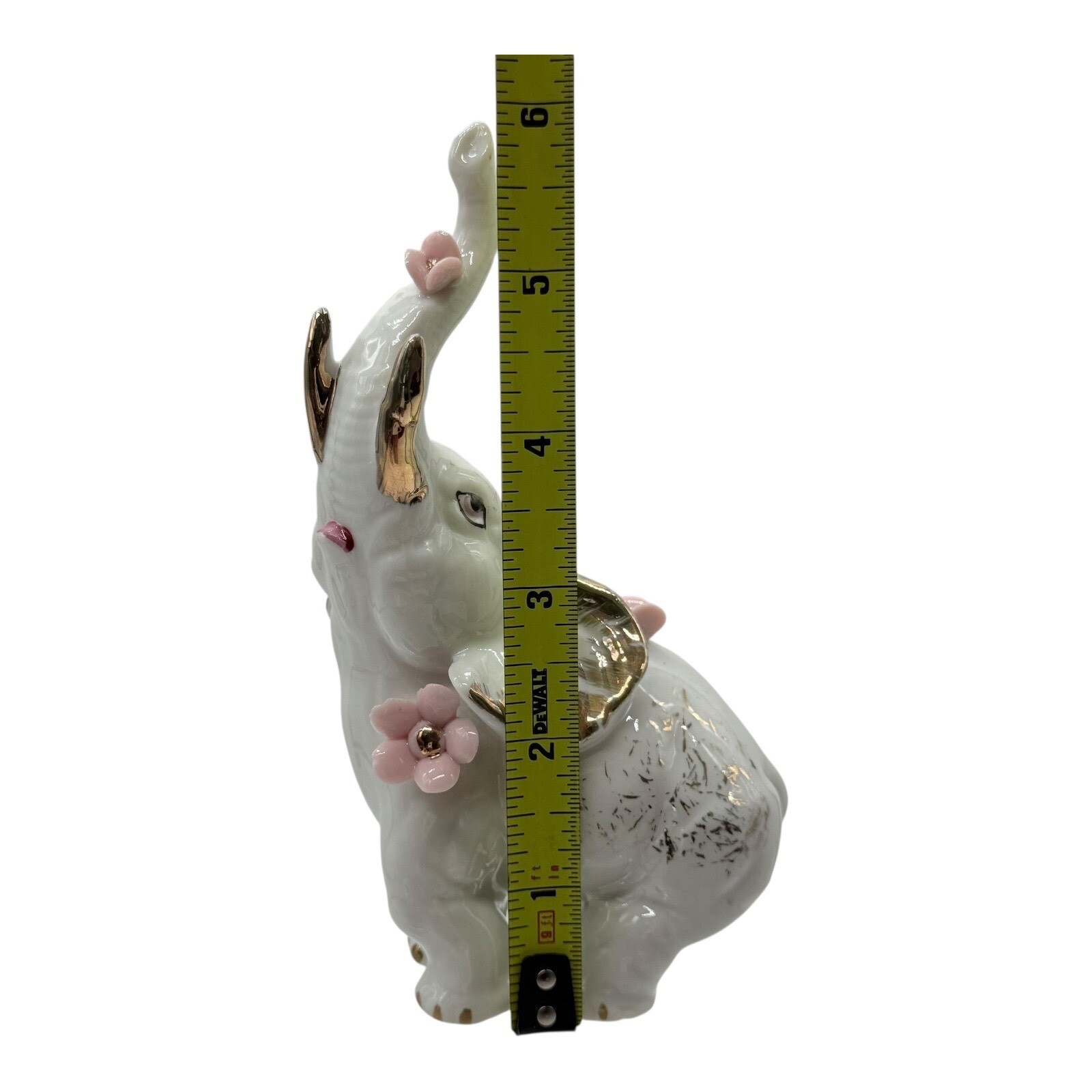 Elephant Figurine White Gold Accent Pink Flowers Trunk Up Good Luck Decor