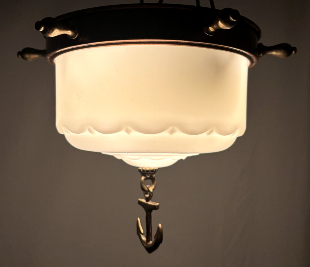 Vtg Nautical Light Fixture MCM Brass Anchor Closet Custard Art Glass Shade #L60