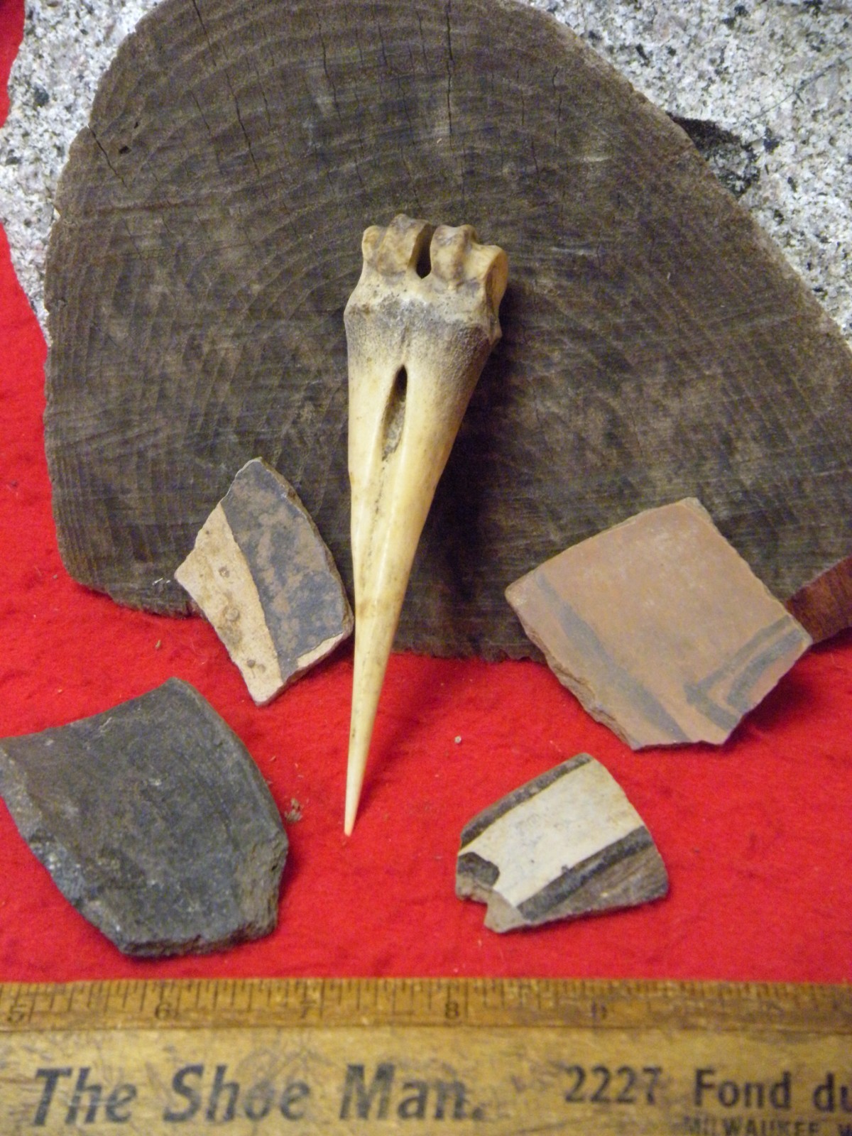 5.23" BONE AWL – CHICAGO ILL ESTATE - FOUR PIECES POTTERY - FOUR ARTIFICTS