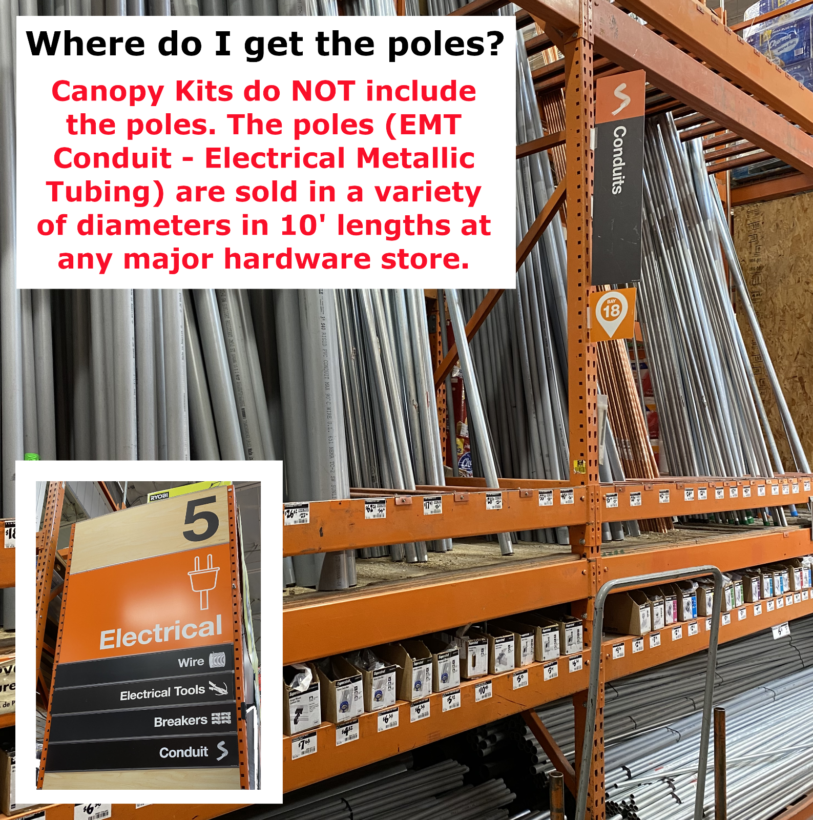 20' Wide Flat Roof Canopy Fittings Kits, DIY Metal 1" EMT Carport Frame Parts