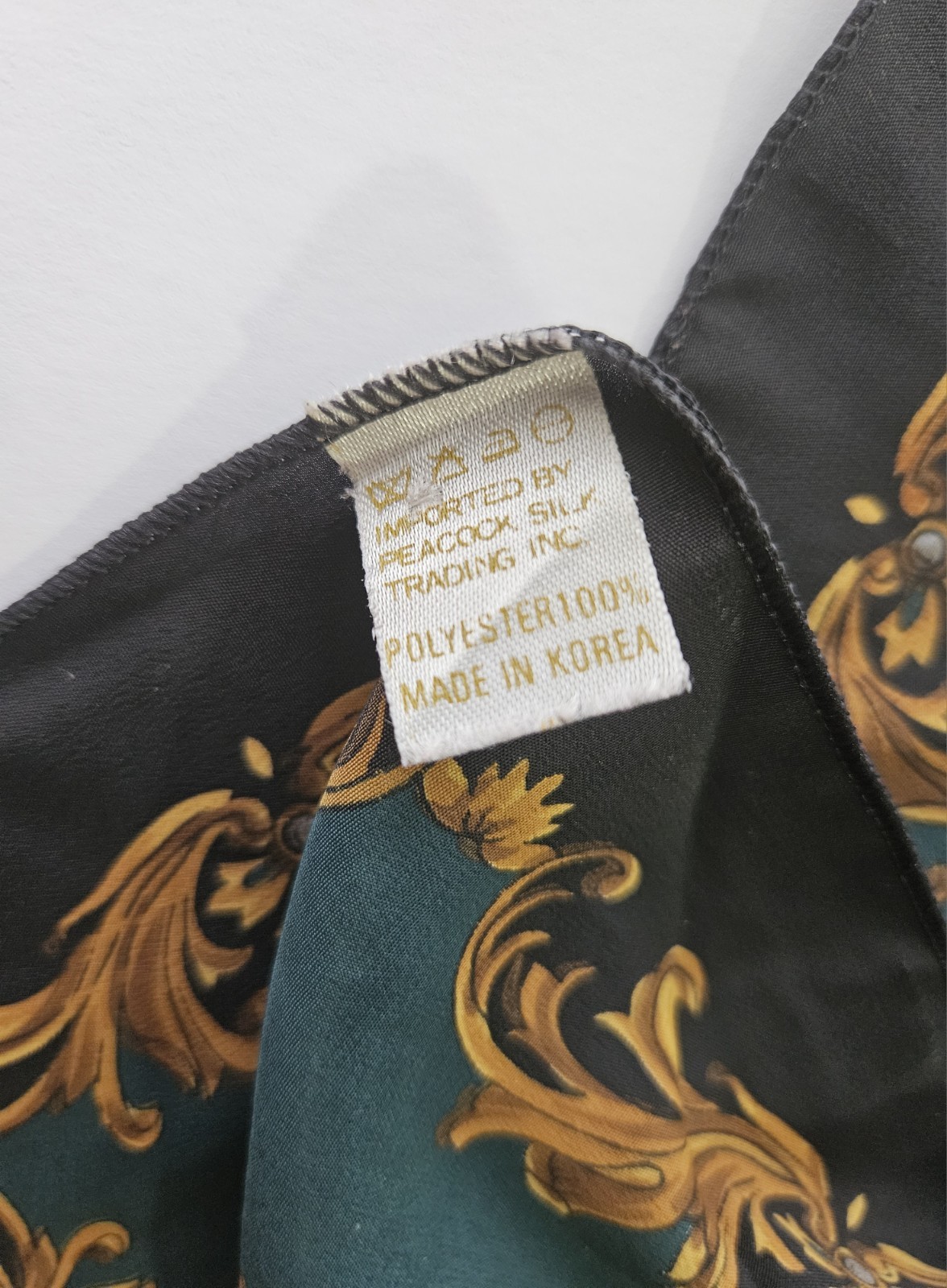 Vtg Peacock Trading Co Scarf 36" Sq Deep Green Gold W Clocks KOREA Silky Soft