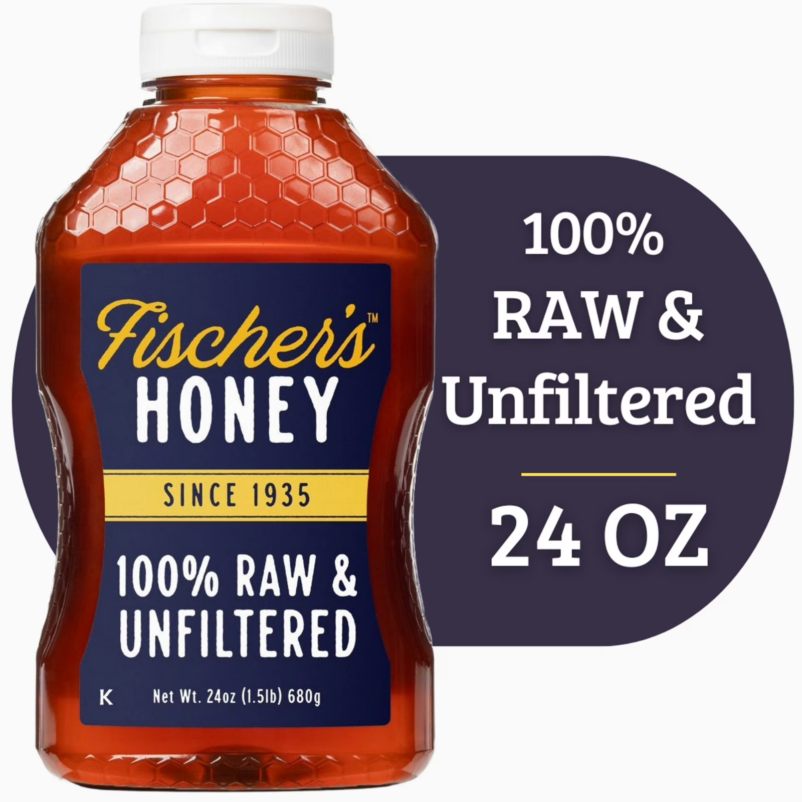 Fischers Honey, 24oz Raw and Unfiltered, Premium, Pure, Squeeze Bottle