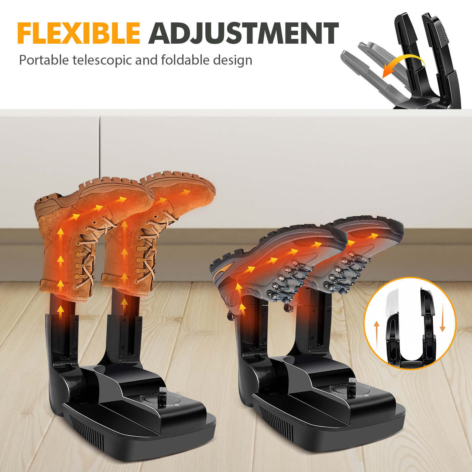 2-Tube Shoe Dryer Boot Dryer with Heat Blower Black Prevent Odor Mold Foldable