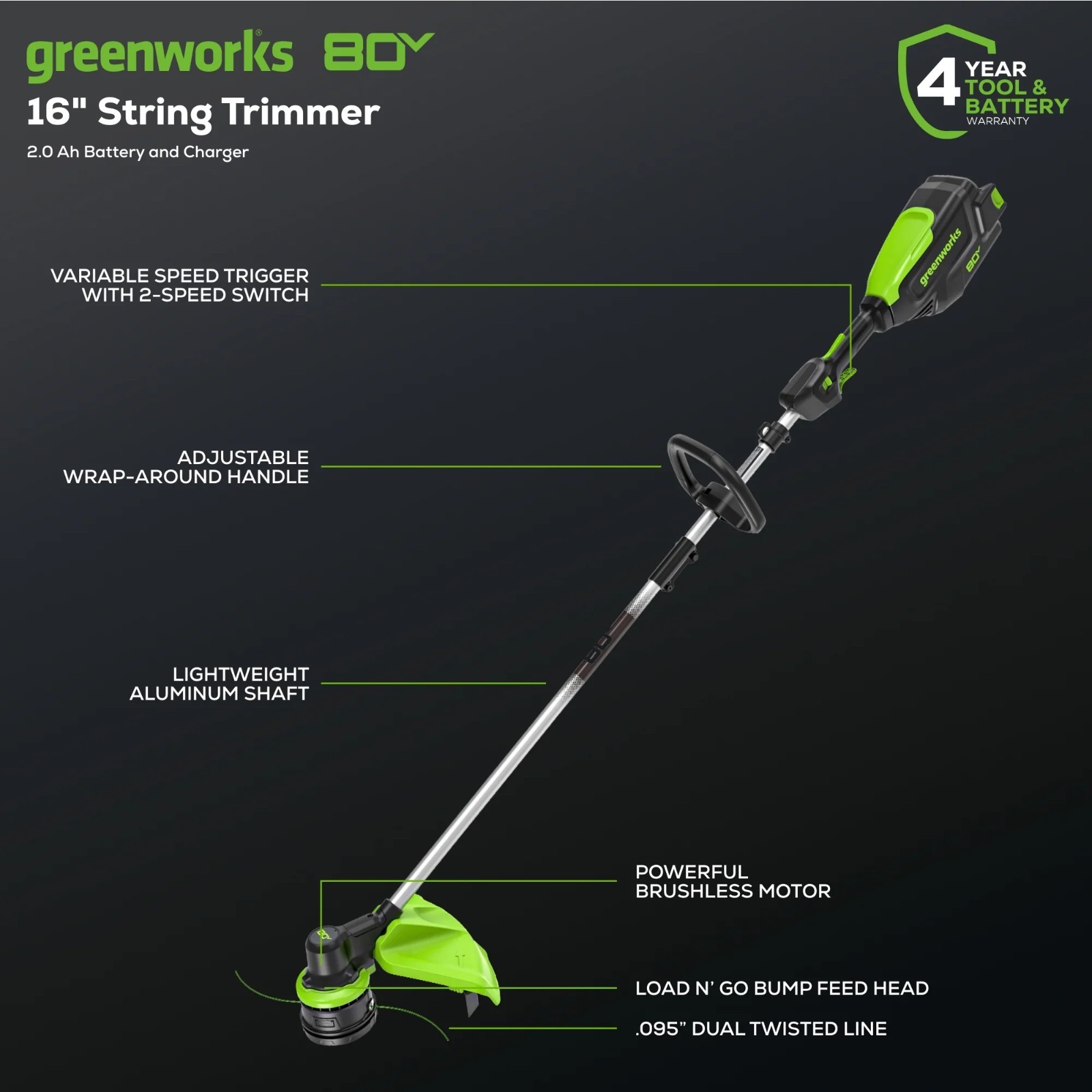 Greenworks 80V 16" Brushless String Trimmer Weed Eater w/ Battery & Charger kit