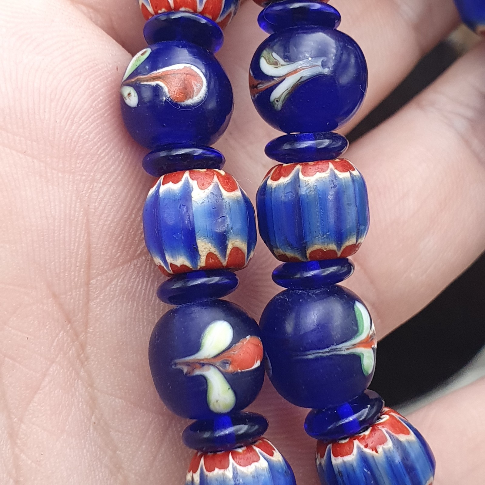 Vintage Venetian Cobalt Blue Floral & Striped Murano Style Beaded Necklace