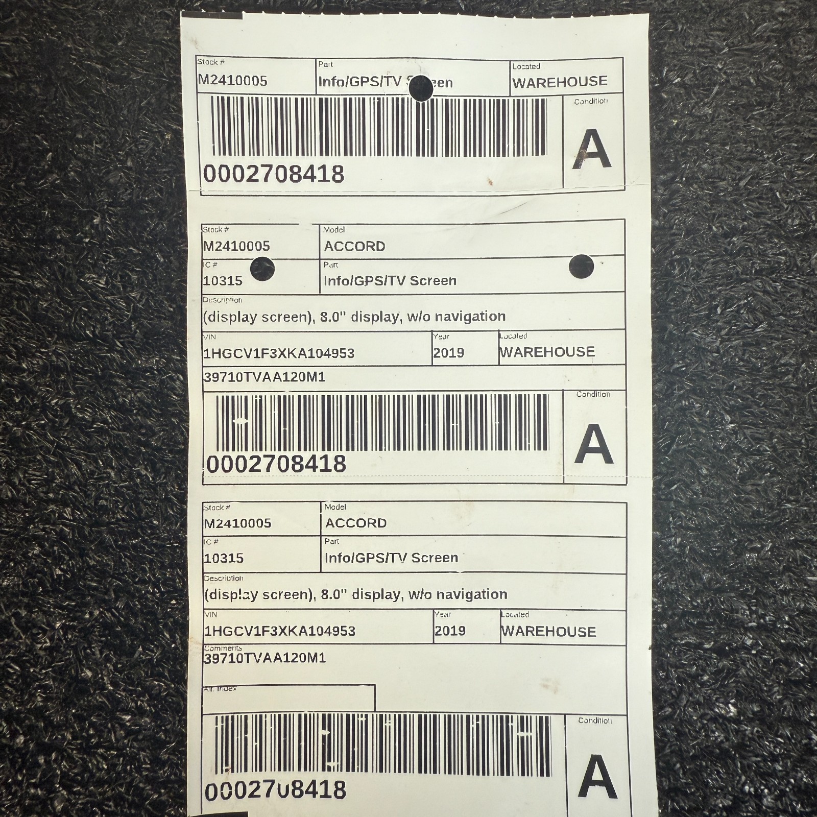 HONDA ACCORD Display and receiver, 8.00" screen 39710-TVA-A120-M1 2018 2022