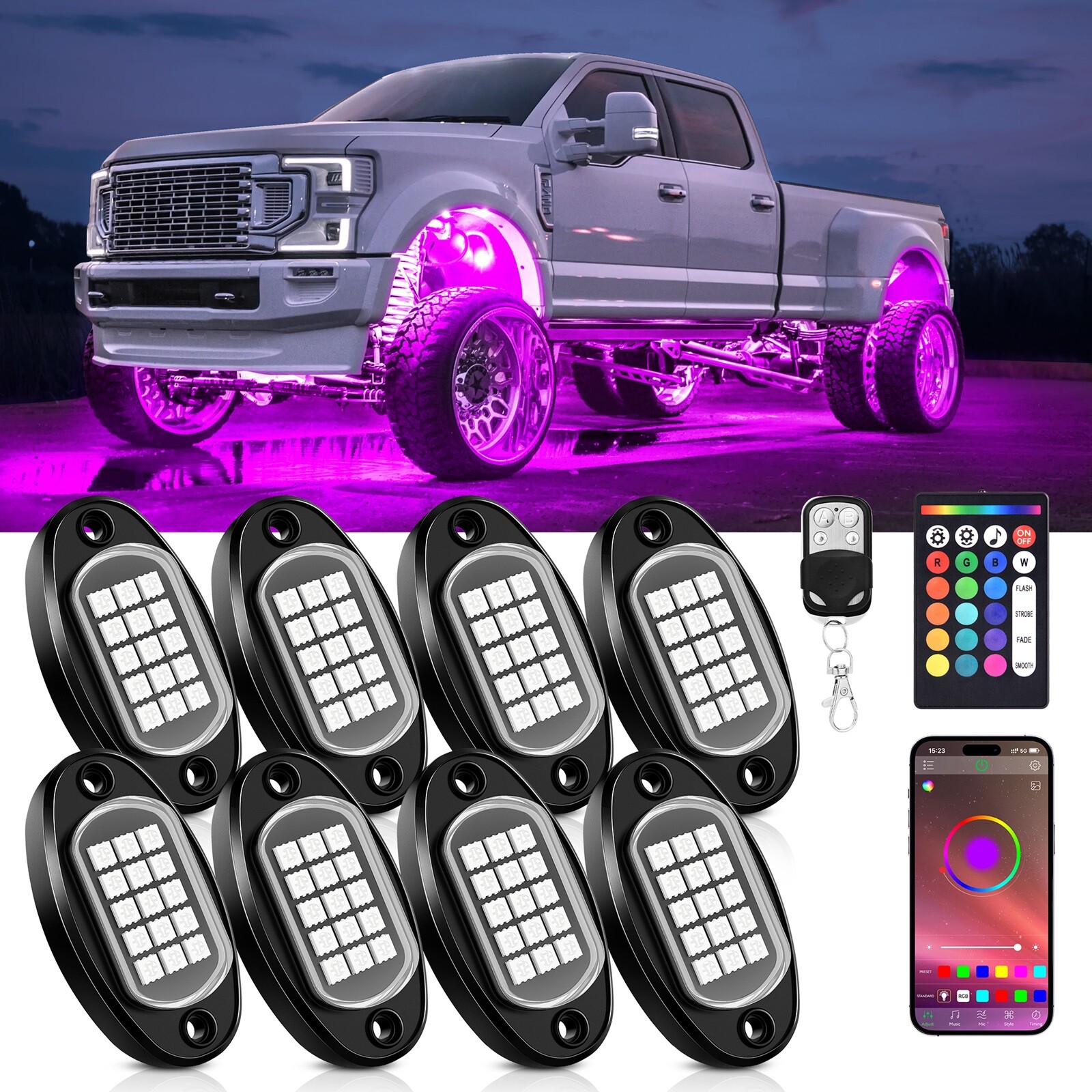 LED Rock Lights 8 Pod RGB Offroad Music Wireless Bluetooth Underglow Neon Lights