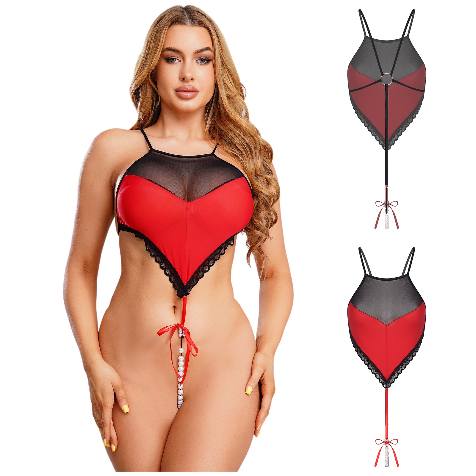 Womens See Through Lingerie Bodysuit Underwear Nightwear with Pearls Babydoll