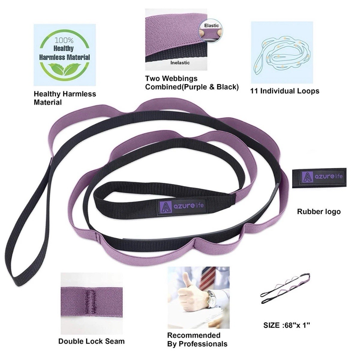 AZURELIFE Stretch Strap with 11 Loops, Elastic Stretching Strap Band Green