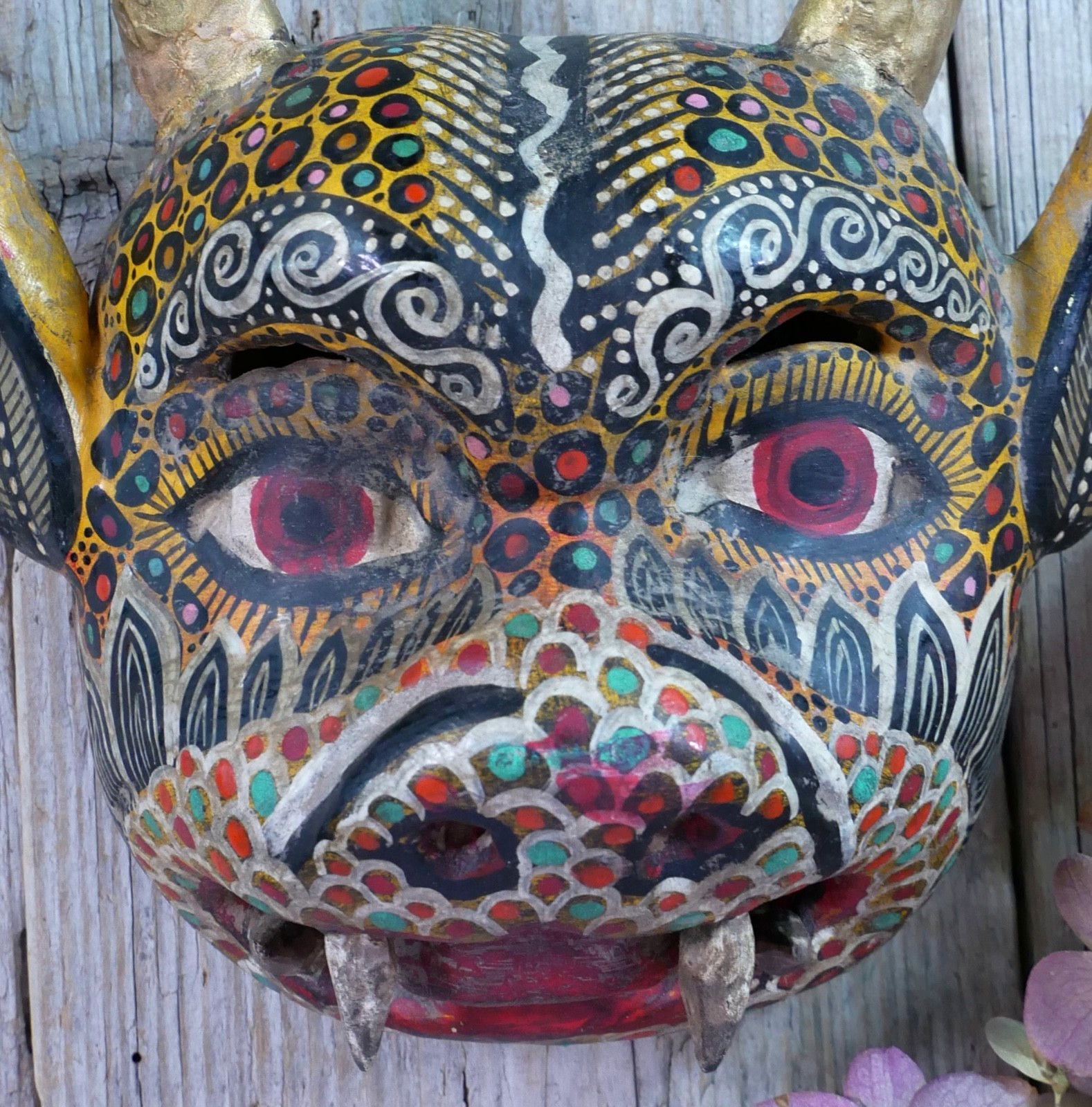 Devil Demon Wood Mask Real Goat Horns Handmade Guerrero Nahua Mexican Folk Art