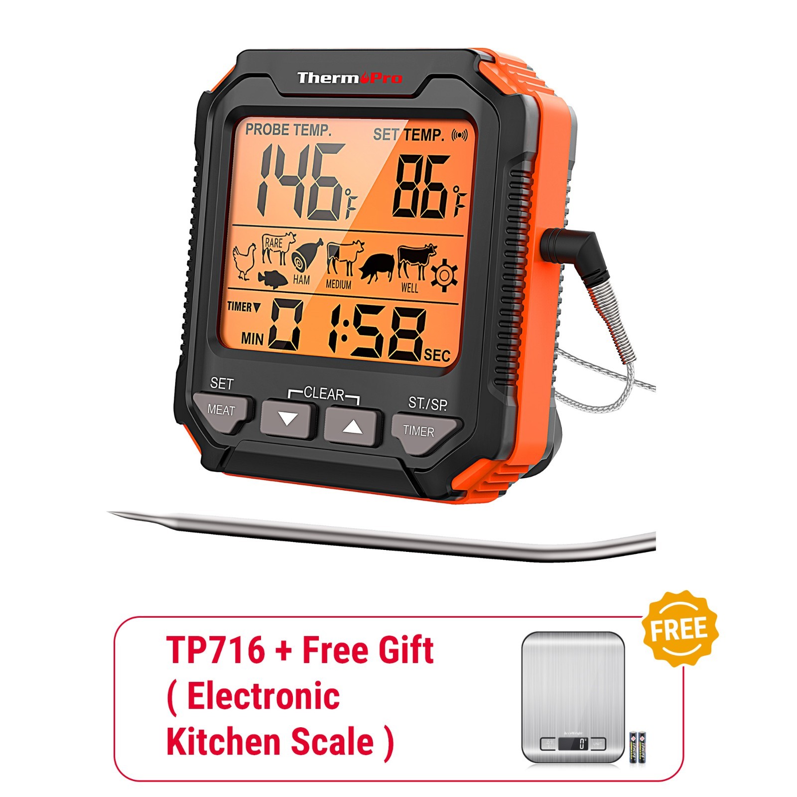 ThermoPro TP716 Leave-In Digital Meat Thermometer for Oven Grill BBQ Stovetop