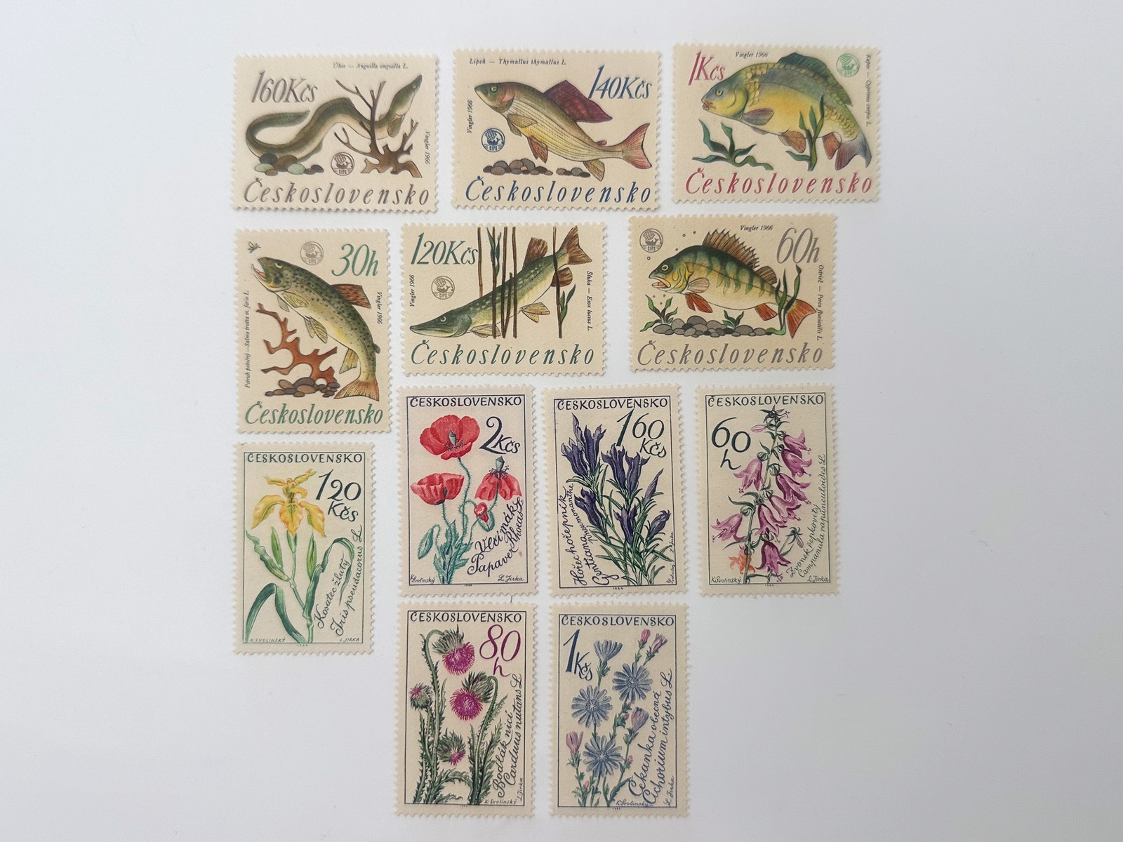 Postage Stamps Flora Fauna Czechoslovakia Vintage Set 19 pcs Birds Fishes Flower