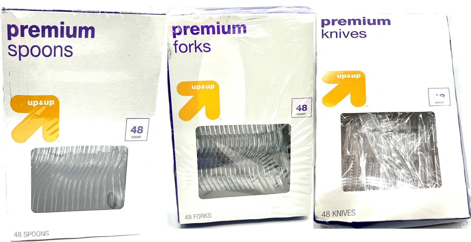 UP & UP Premium Cutlery  (damagedboxes) 48 each spoons, forks & knives (plastic)