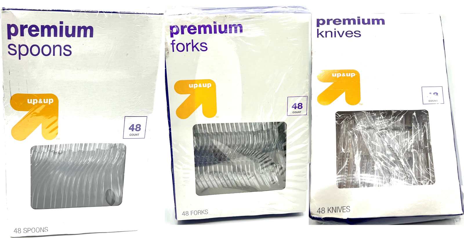 UP & UP Premium Cutlery (damagedboxes) 48 each spoons, forks & knives (plastic)