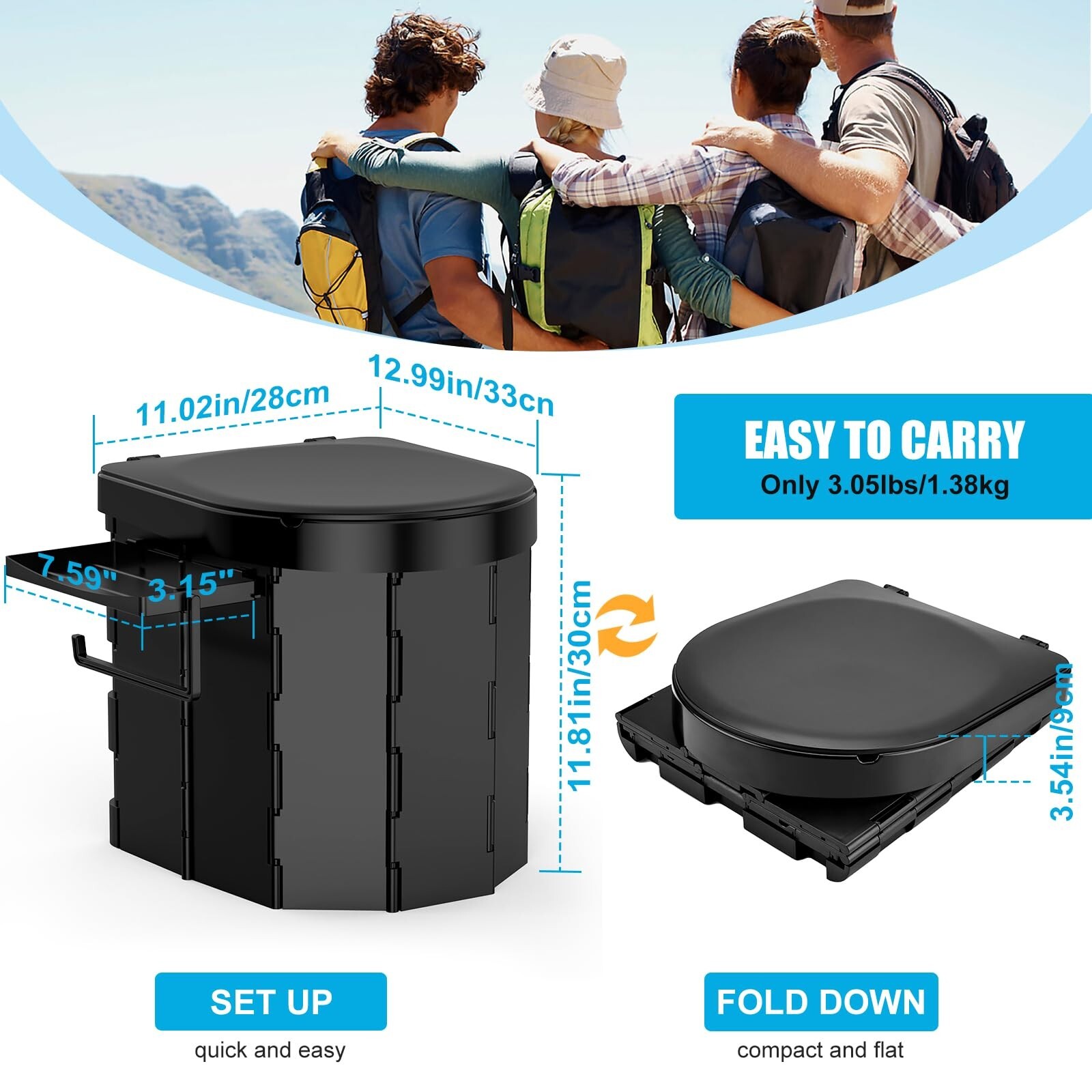 Portable Camping Toilet with Detachable Phone Shelf and Toilet Paper Holder