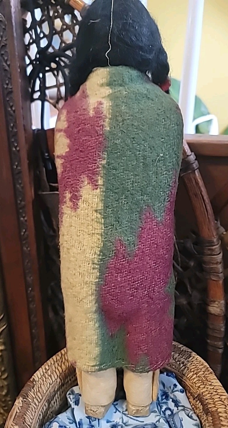 Antique Skookum Doll Early Paint Face Wool Straw Stuffed Mohair Wood Legs 15 1/2