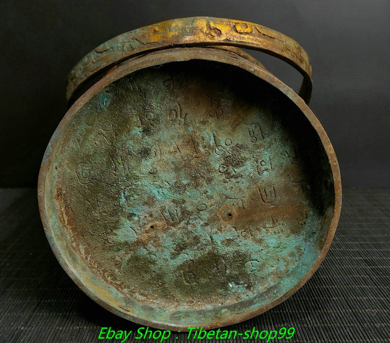 11.8''Old Bronze Ware Gilt Inscription Beast Face Container Portable Bottle