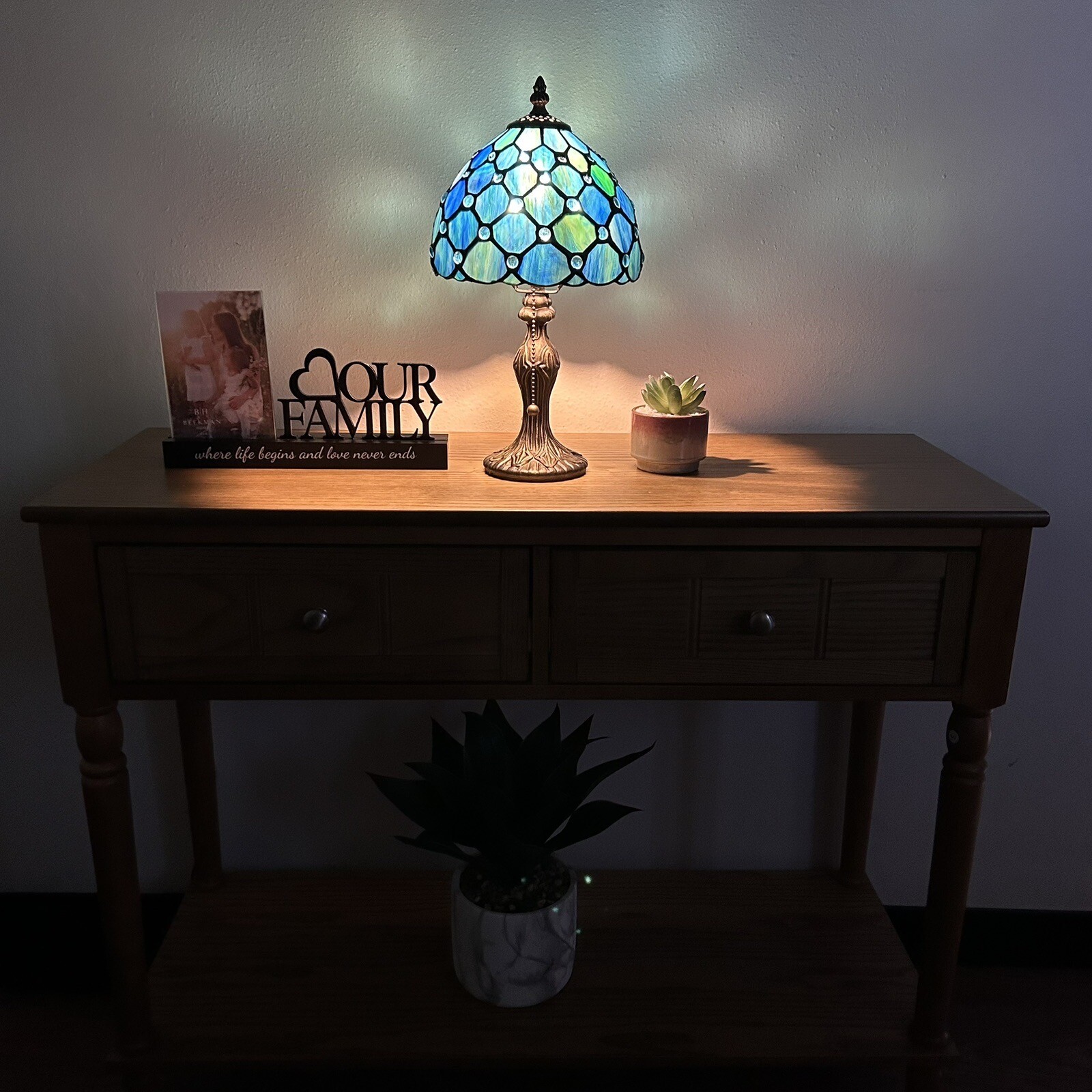 Tiffany Style Mini Table Lamp Blue Stained Glass Crystal Beans LED Bulb 14"H*8”W