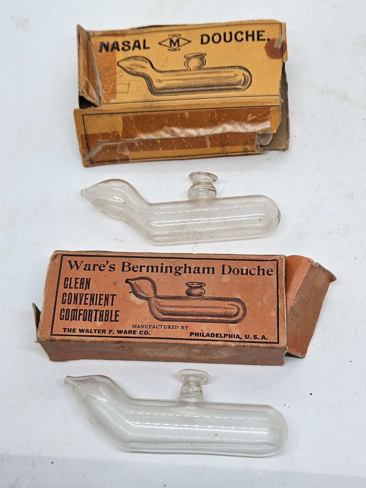 Pair of Antique Victorian Glass Nasal Douche Medical Devices with Original Boxes
