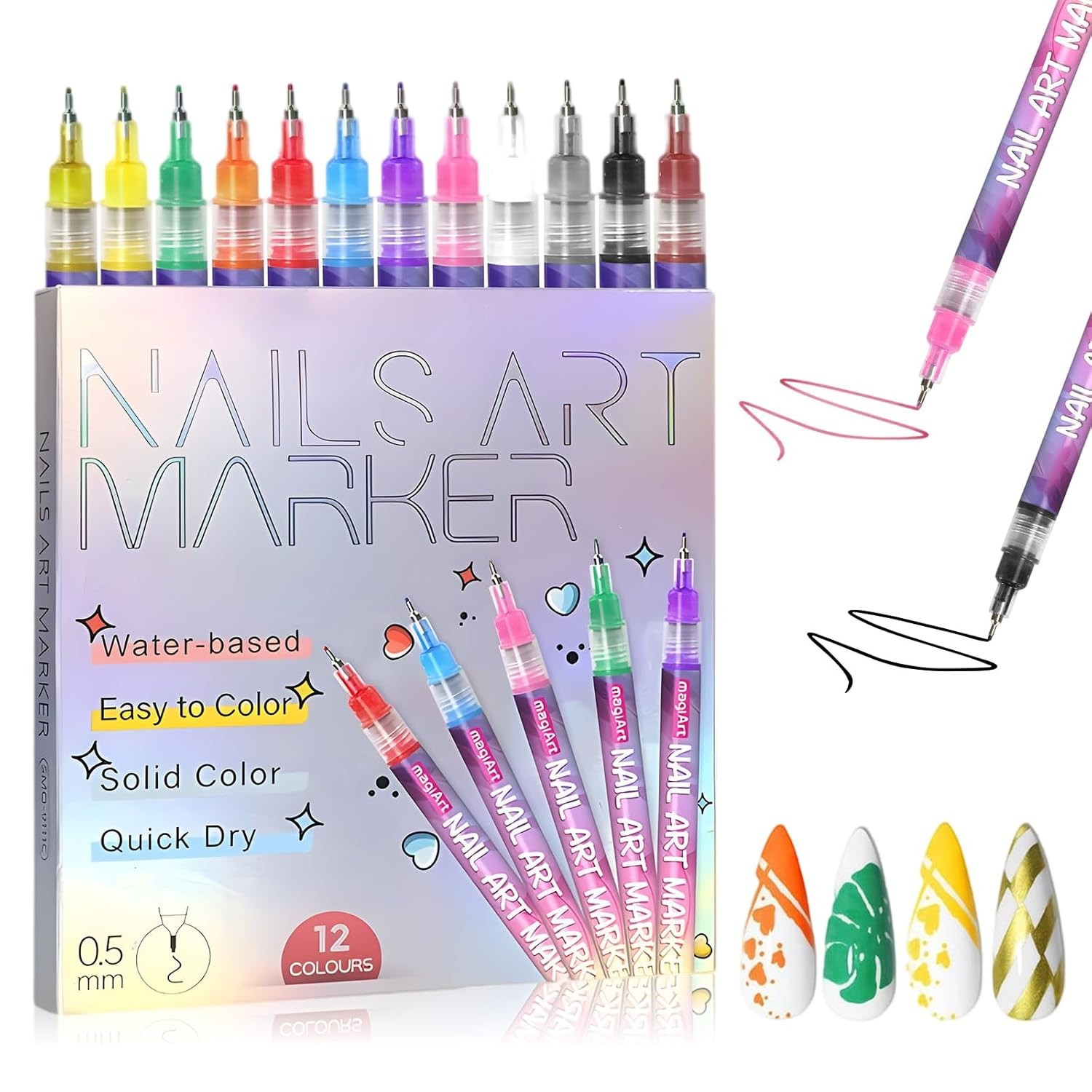 12 Colors Nail Art Pens Set Waterproof 0.5MM Nail Polish Pens Quick-Drying Nail