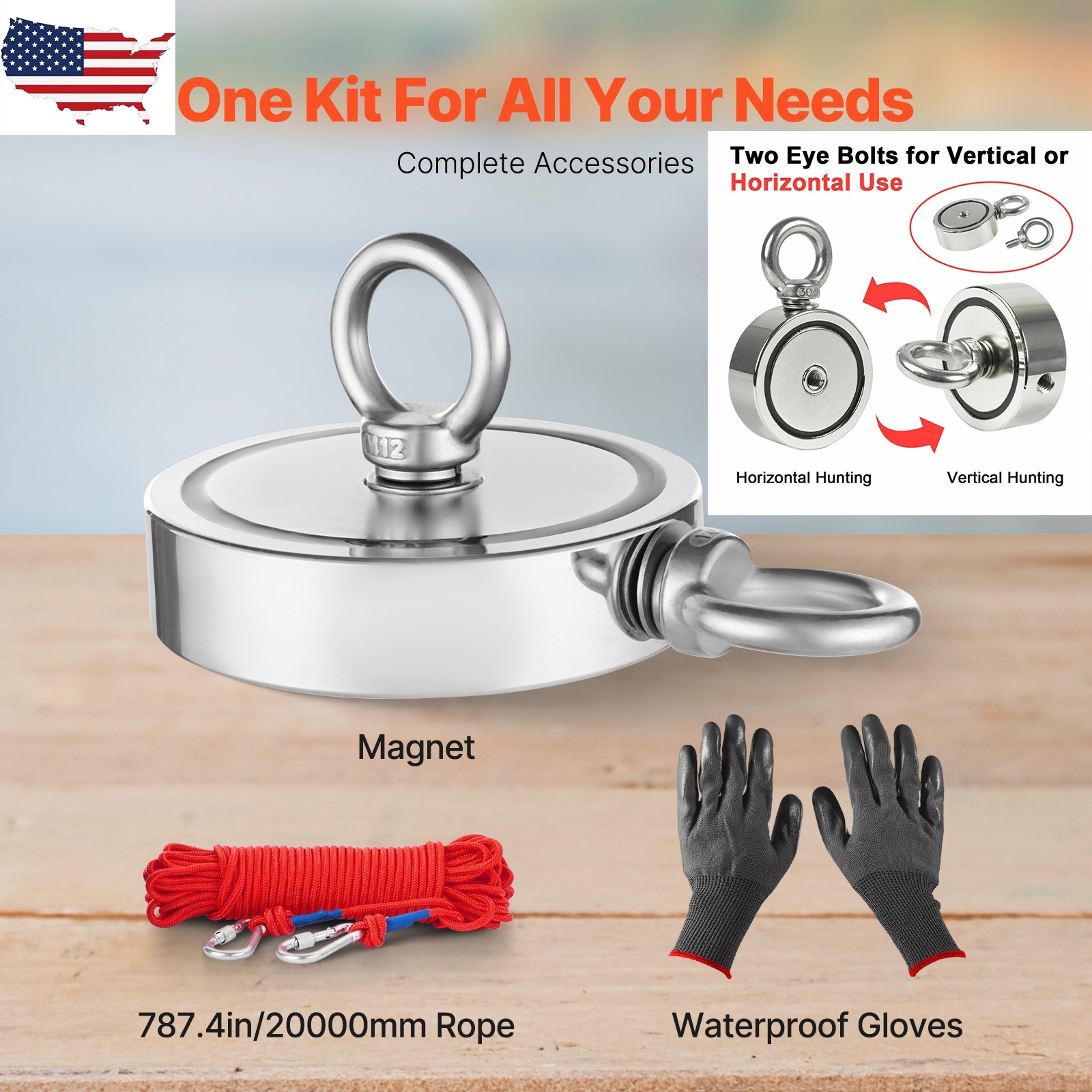 2000 LBS Strong Fishing Magnet Kit Double Sided Pull Force and Rope Carabiner