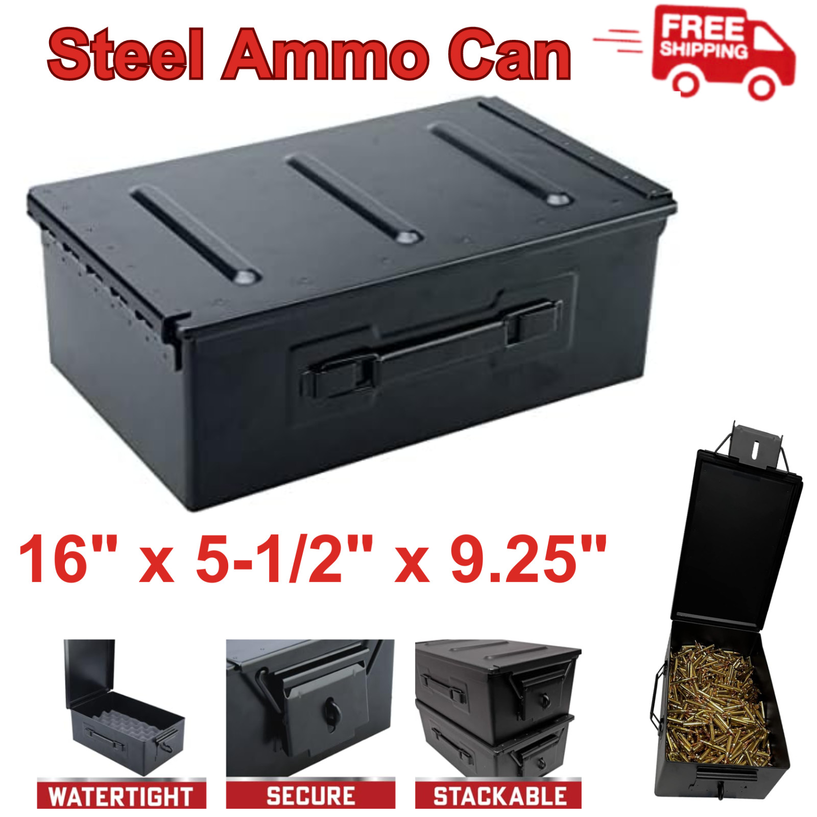 Heavy Duty Metal Ammo Can, Tactical Waterproof Lockable Ammo Crate, ( Black )