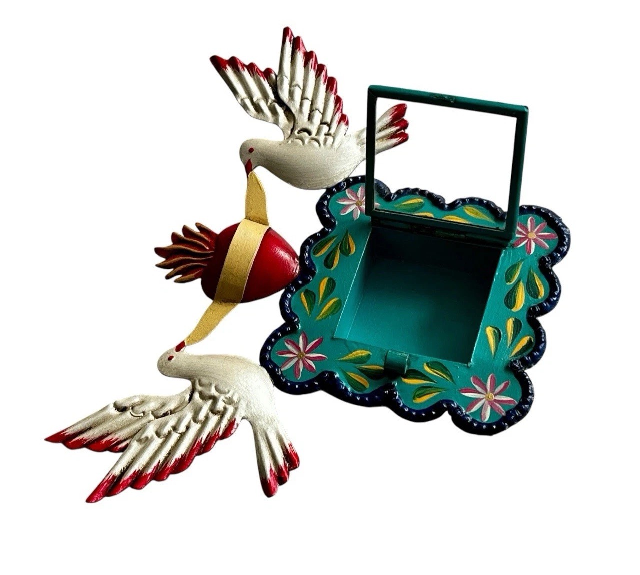 Painted SACRED HEART Frame with Doves, Mexican Tin Heart Nicho, Shadowbox Green