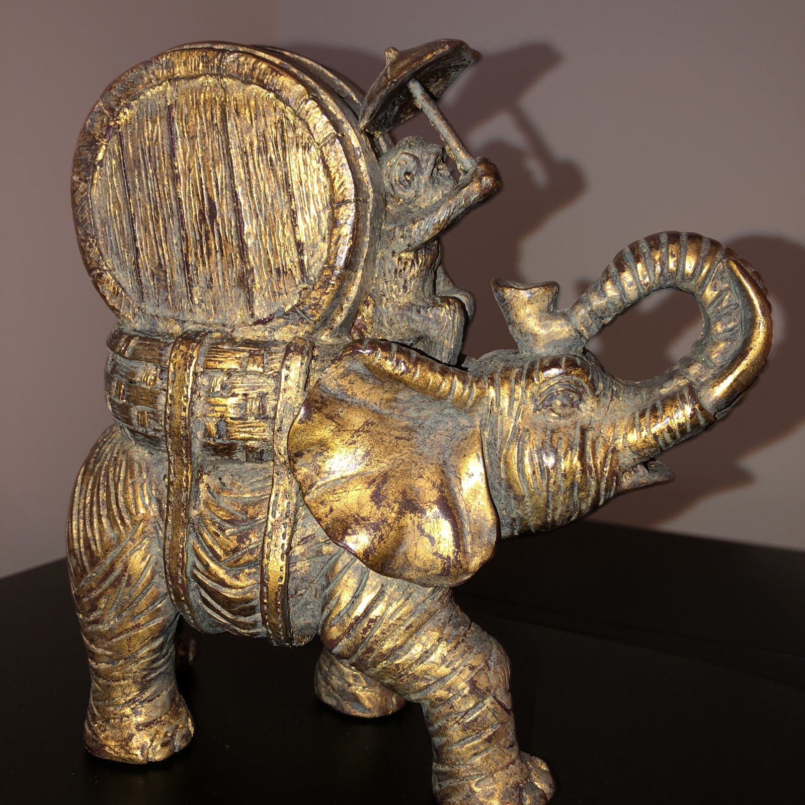 Bronze Style Resin Elephant Riding Monkey Mantle Quartz (Clock not working) 6"