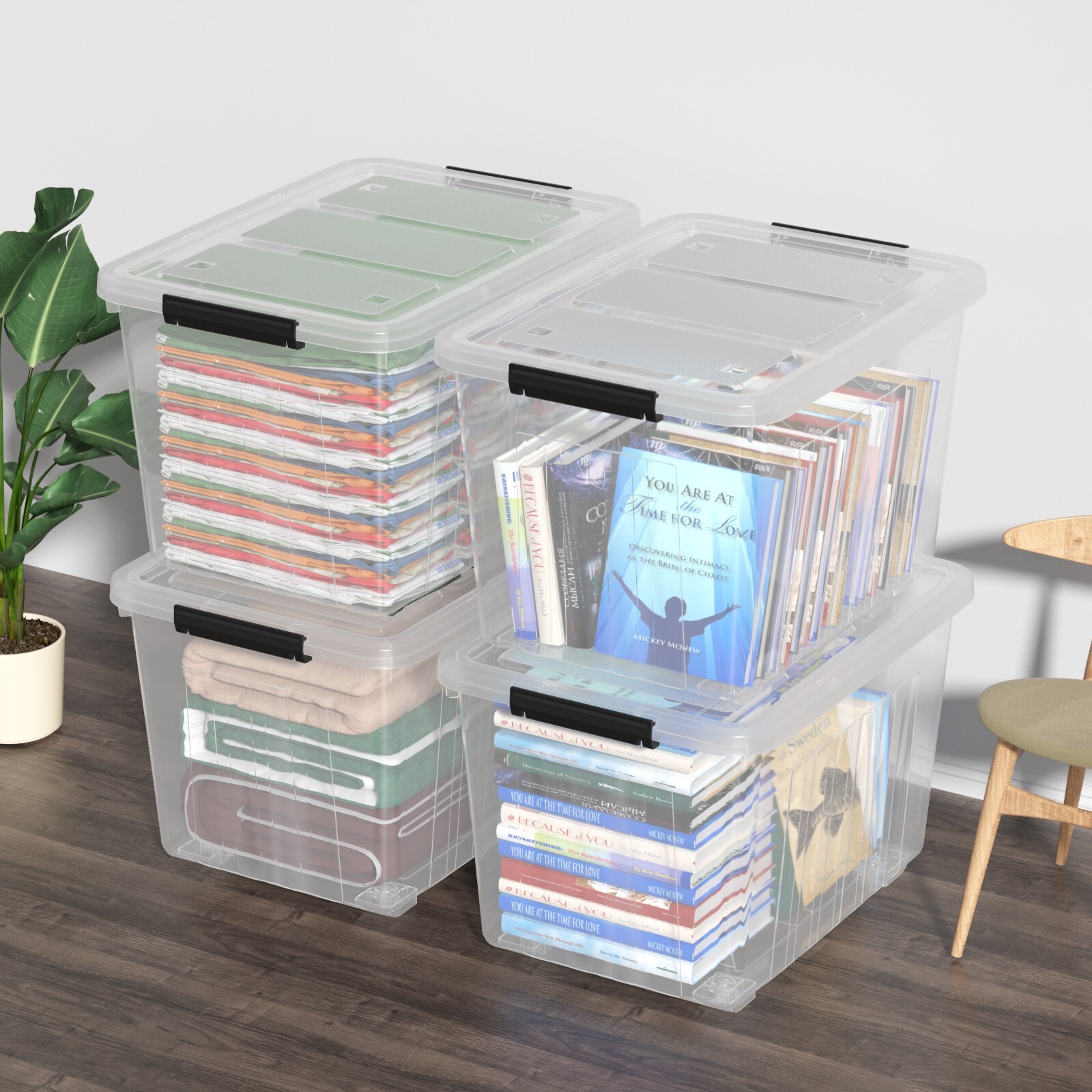 70 Quart Plastic Storage Box, Stackable Latching Bin with Lid & Wheels, 4-Packs