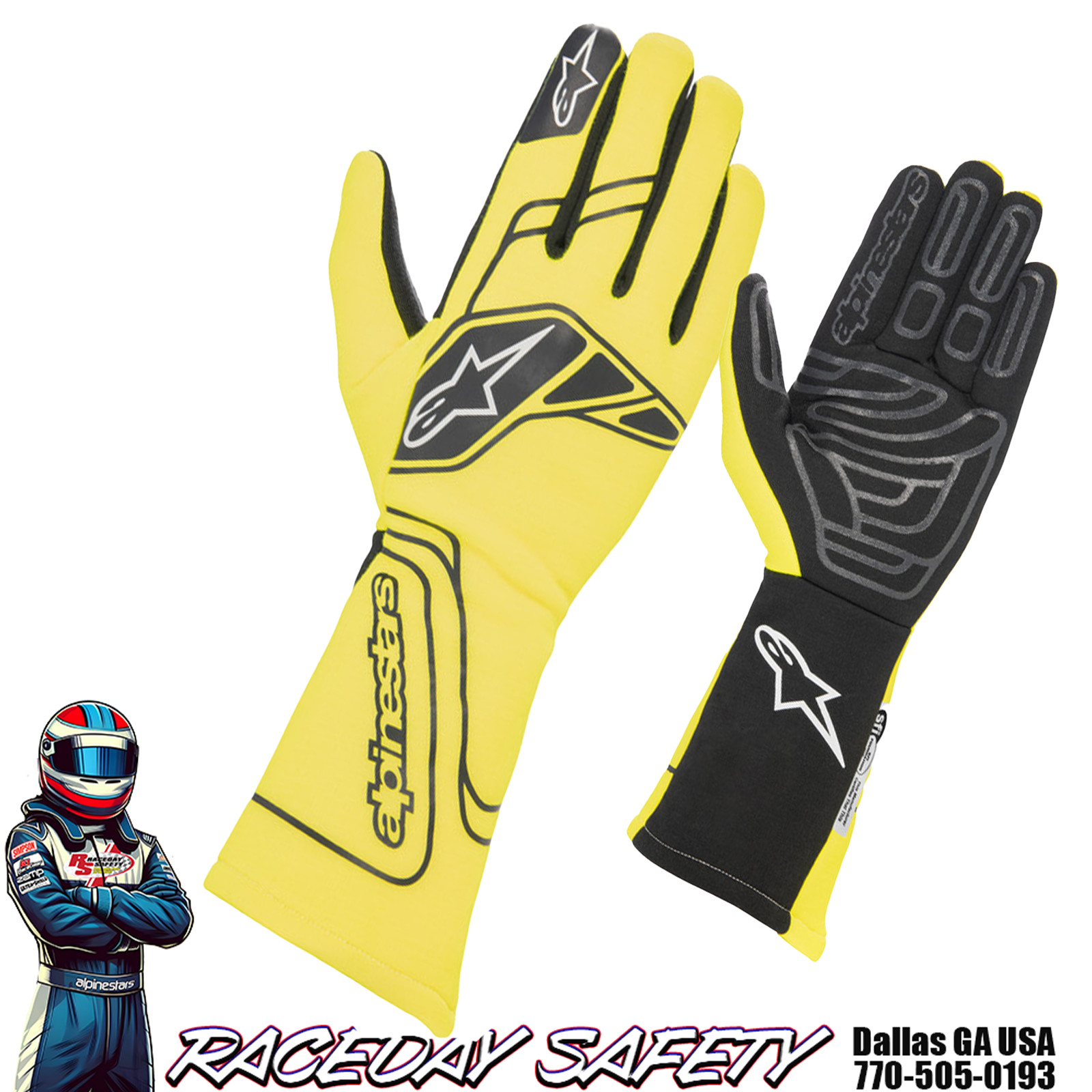 Alpinestars Tech-1 START V3 Race Gloves SFI 3.3/5 Yellow Fluo 3551623-55