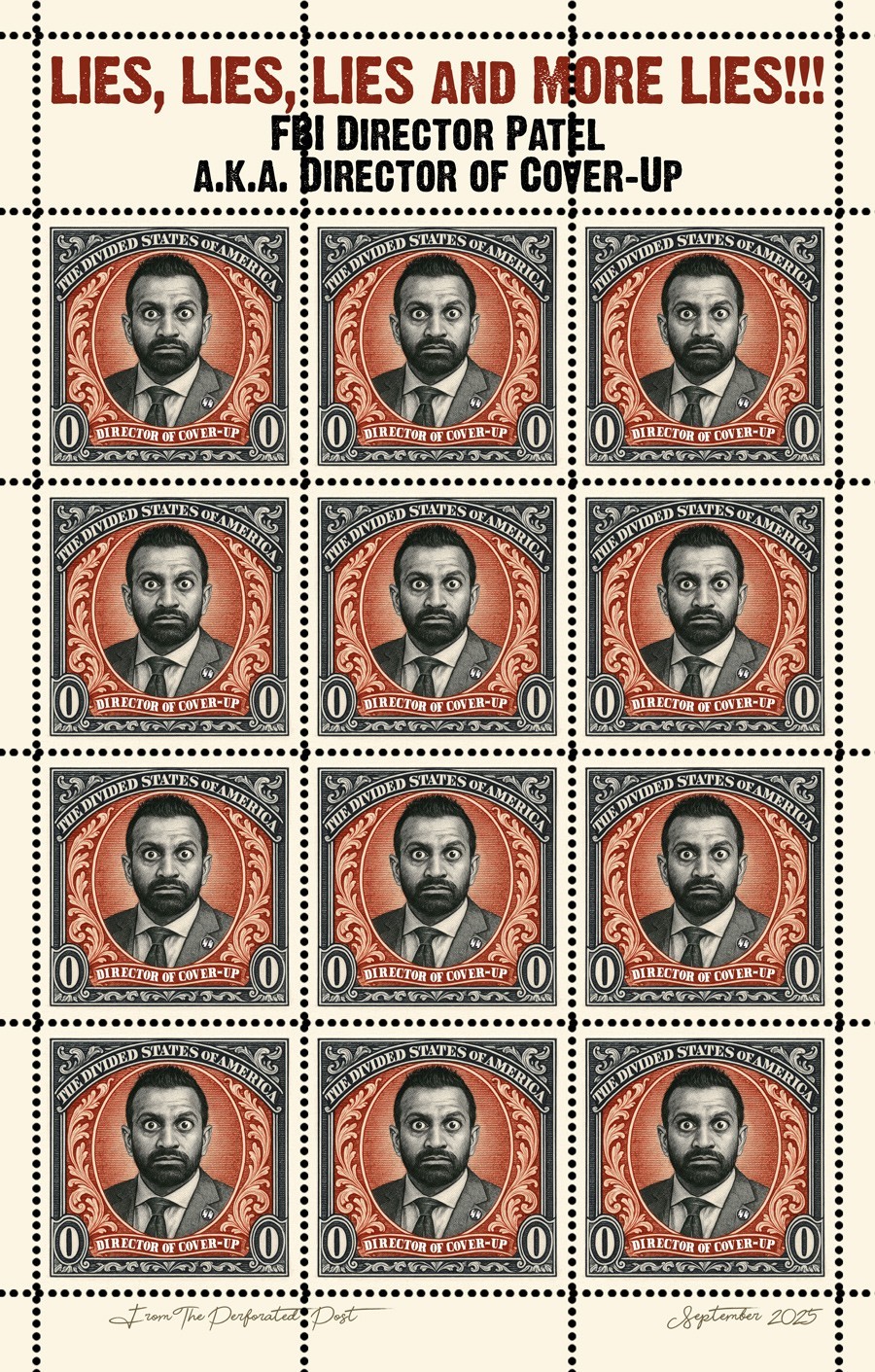 Trump / Patel - The Director of Cover-Ups (Artistamp, Faux Postage, Cinderella)