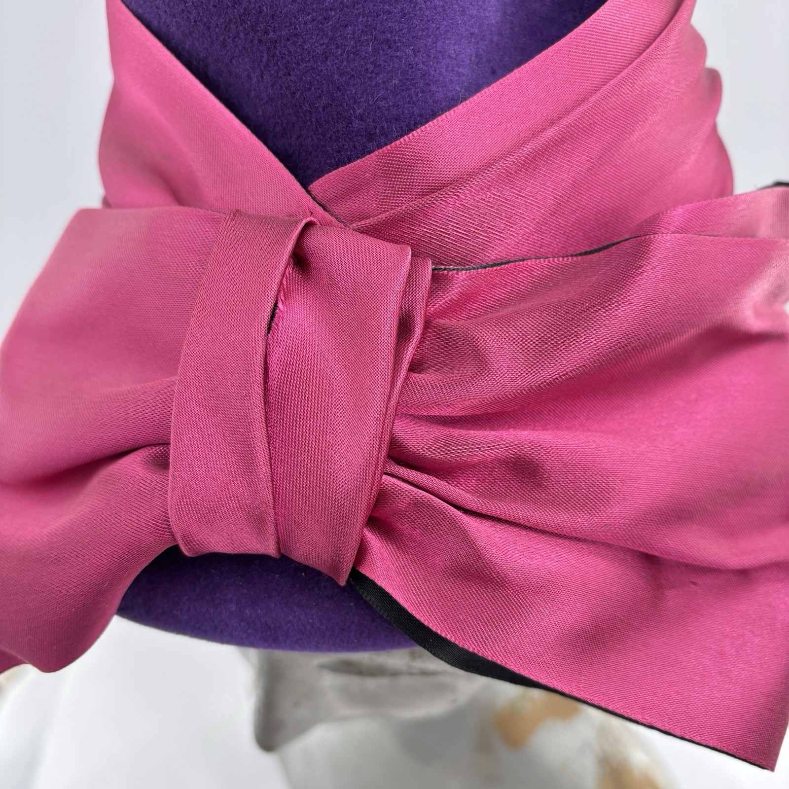 Vtg 60s Contessa William A Miller Cloche Hat Purple Felt Pink Bow Cocktail