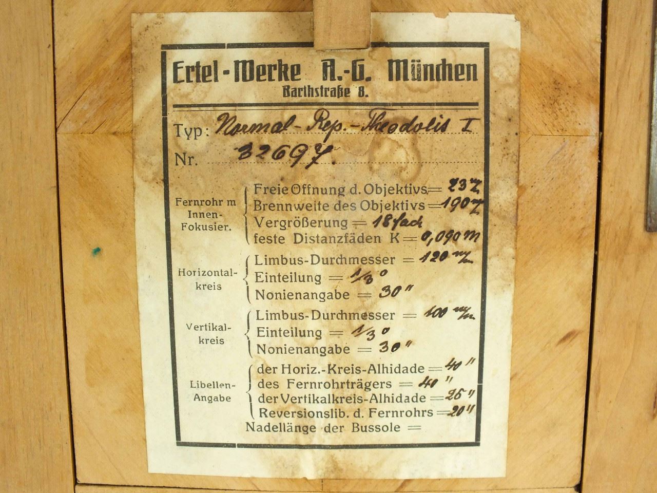 Ertel-Werke Double Circle Theodolite with Compass and Wooden Case 637