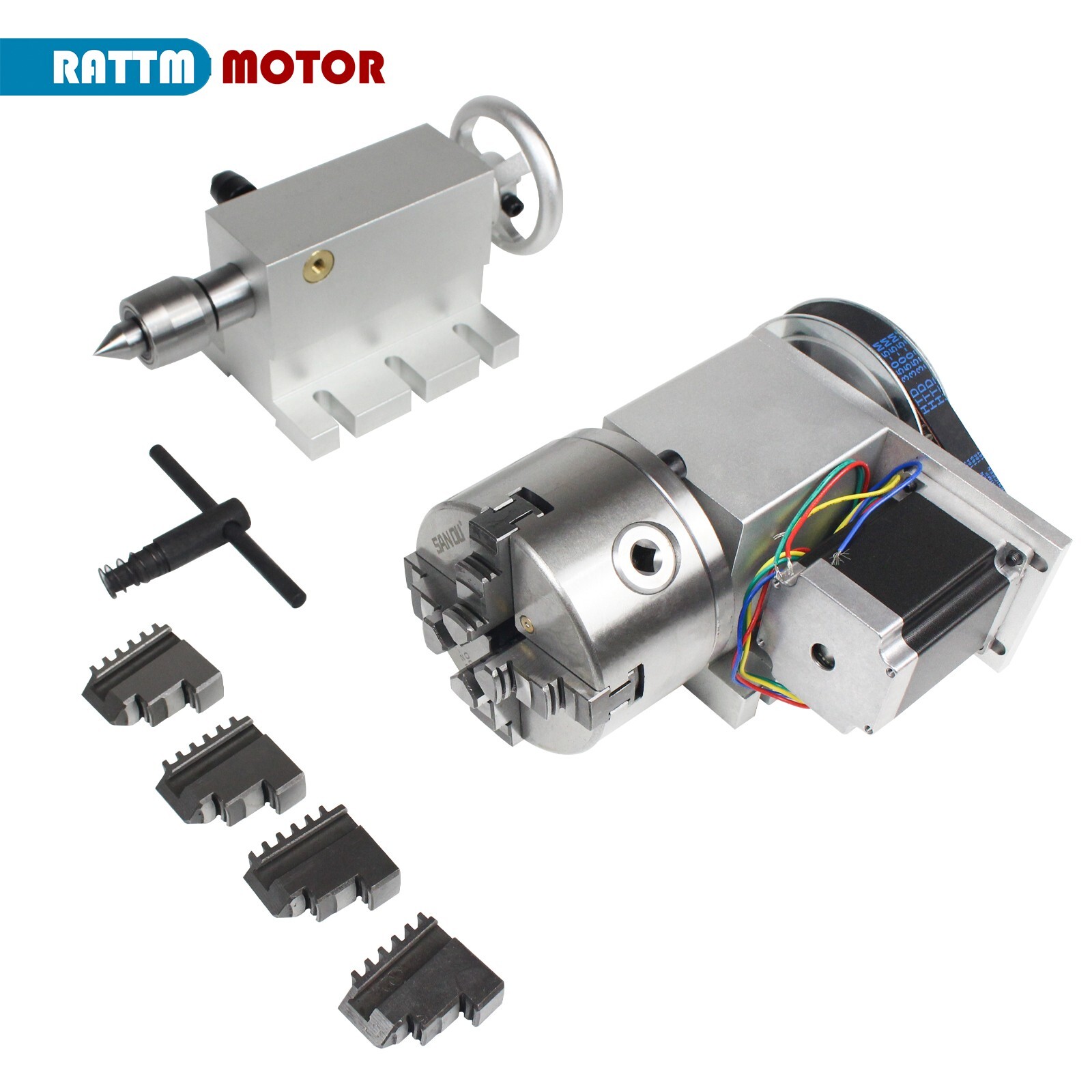 〖US〗CNC Rotation 4th Axis 100mm 4 Jaw Chuck Rotary Table with MT2 65mm Tailstock