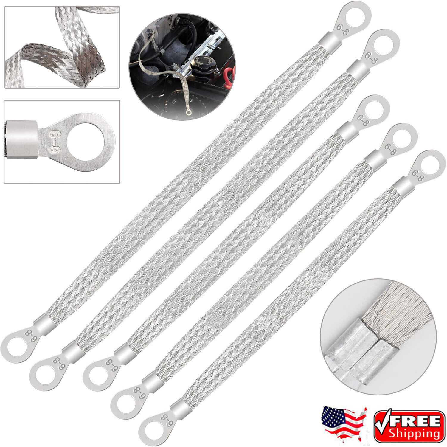 5)Universal Automotive Ground Strap Tinned Copper Car Engine Ground Strap Cable