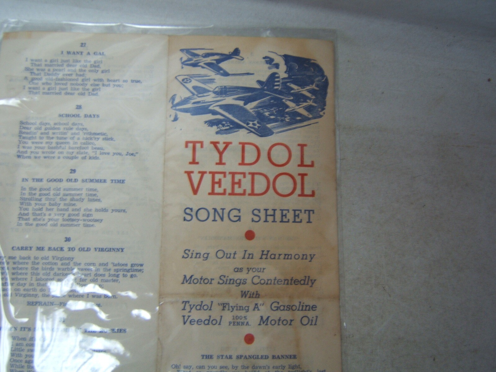 Vintage Tydol Veedol Song Sheet Montoursville PA 33 Songs