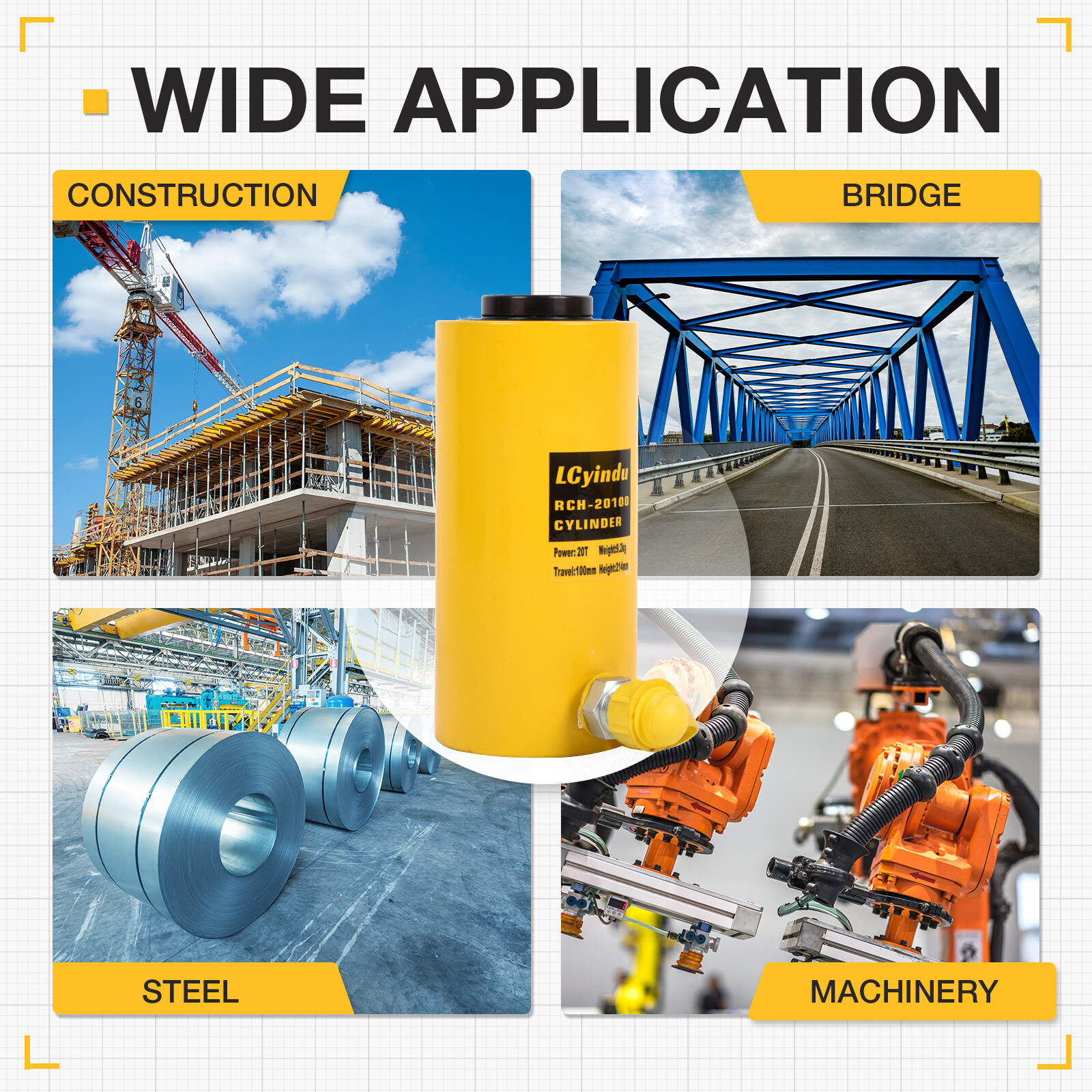 Hollow Hydraulic Cyliner Jack Single Acting 20T 4" Hydraulic Ram Lifting