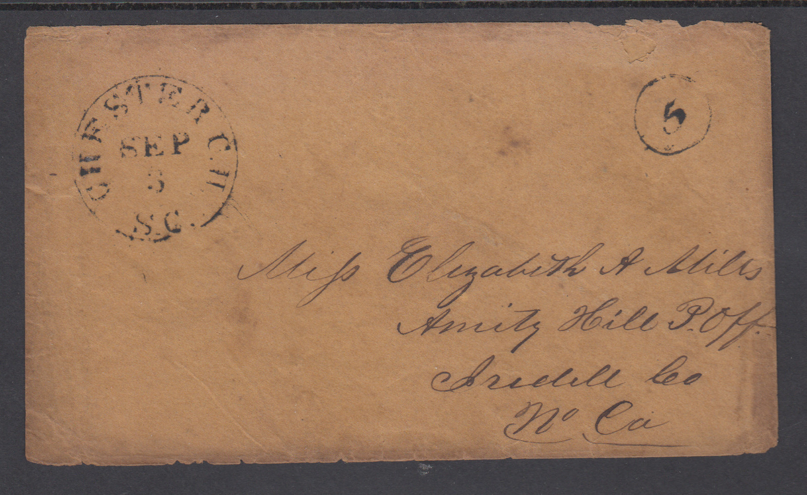 CSA, 1861 Stampless Cover CHESTER, SC to AMITY HILL, NC - 5c Rate, unpaid