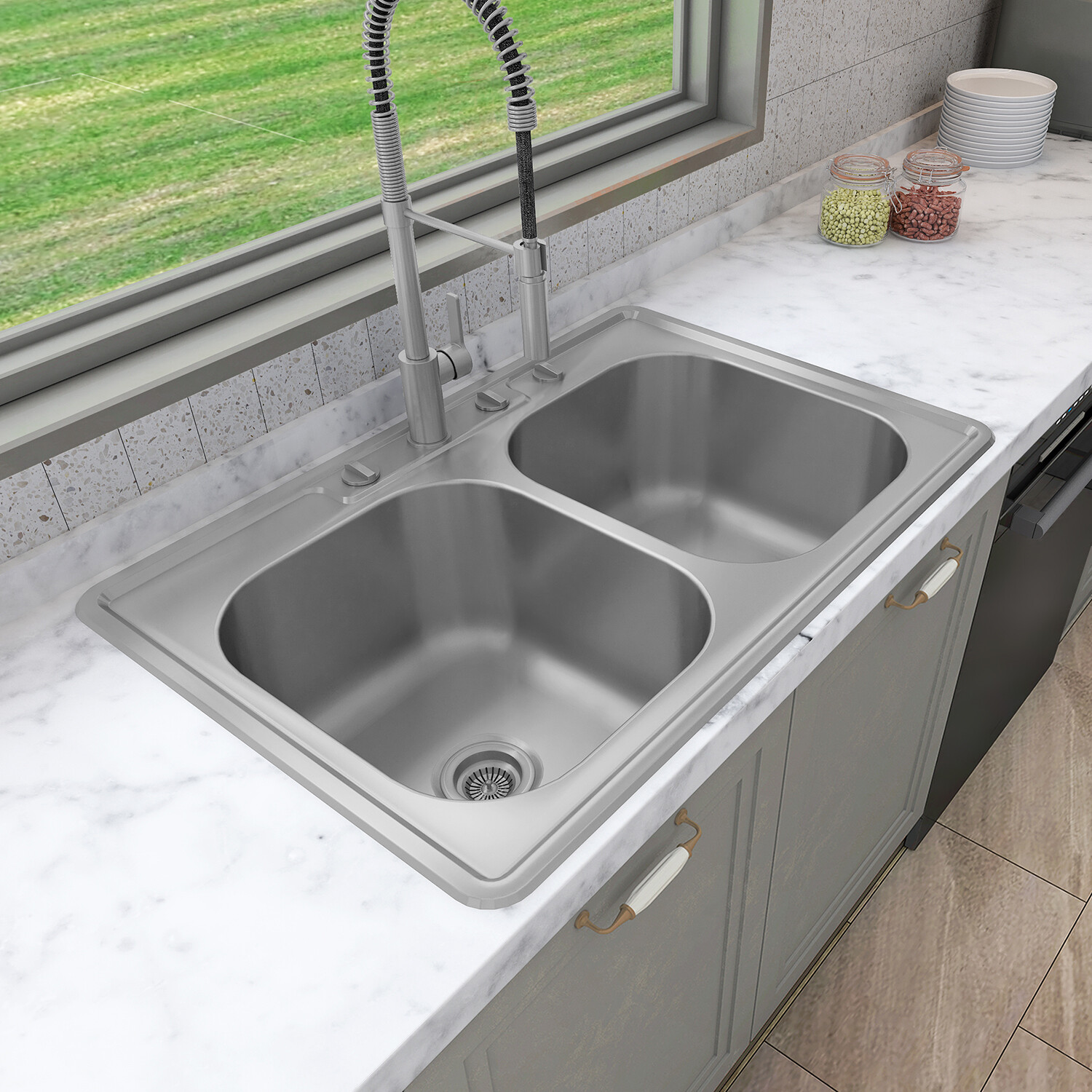 Sinber 33" Drop in Double Bowl Kitchen Sink with 304 Stainless Steel MT3322DE