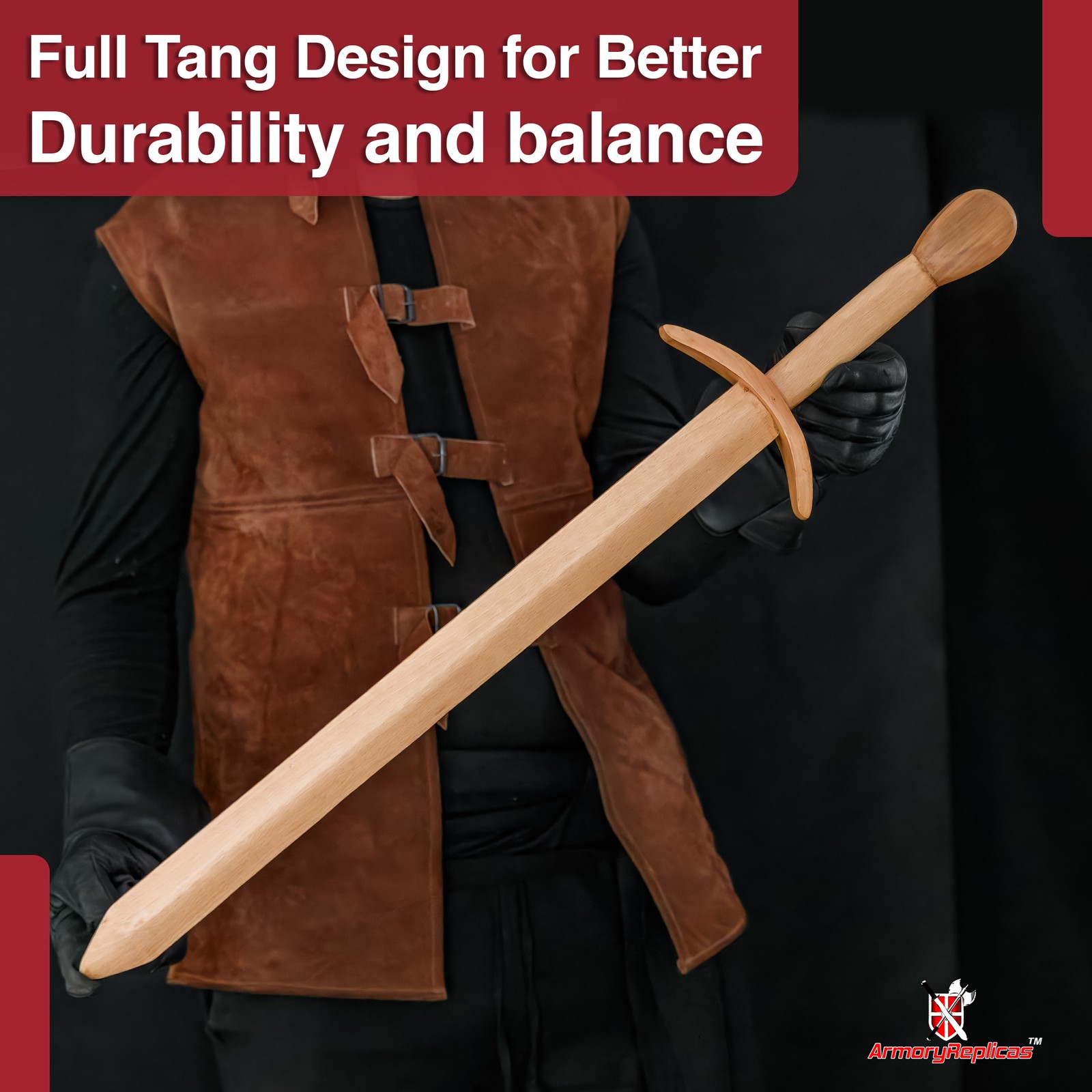 12th Century Wooden Practice Sword Beech Knight LARP Cosplay Stage Combat Prop