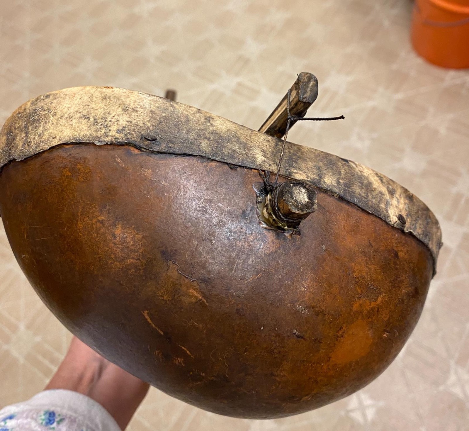 Antique African Adungu 4 String Hand Made Gourd Hide Wood Bow Harp Instrument