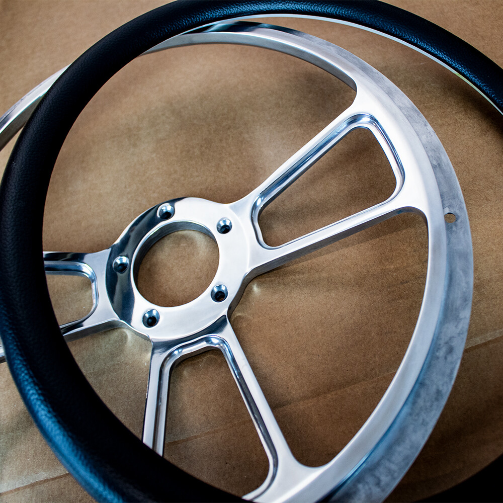 14" Billet Muscle Steering Wheel with Black Vinyl Wrap and Chevy Horn - 5 Hole