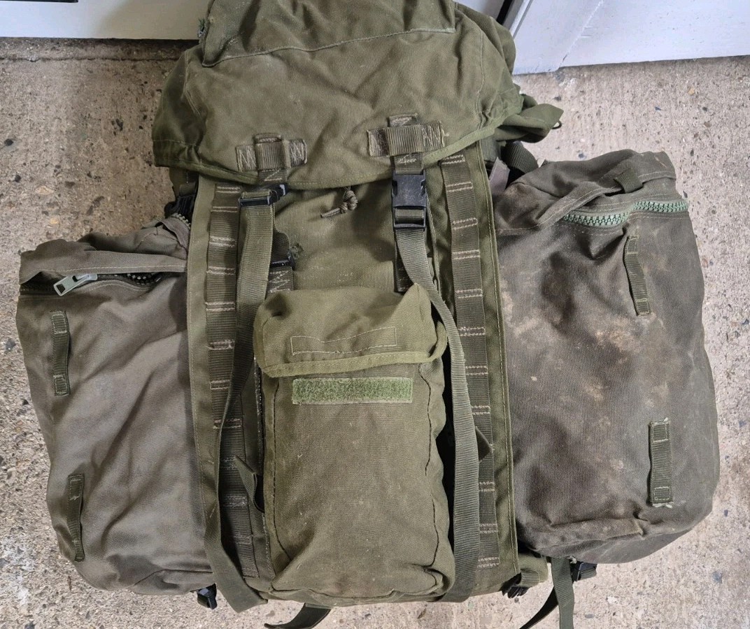 Genuine British Army 120L Bergen Olive Long Back + Side pouches 1990