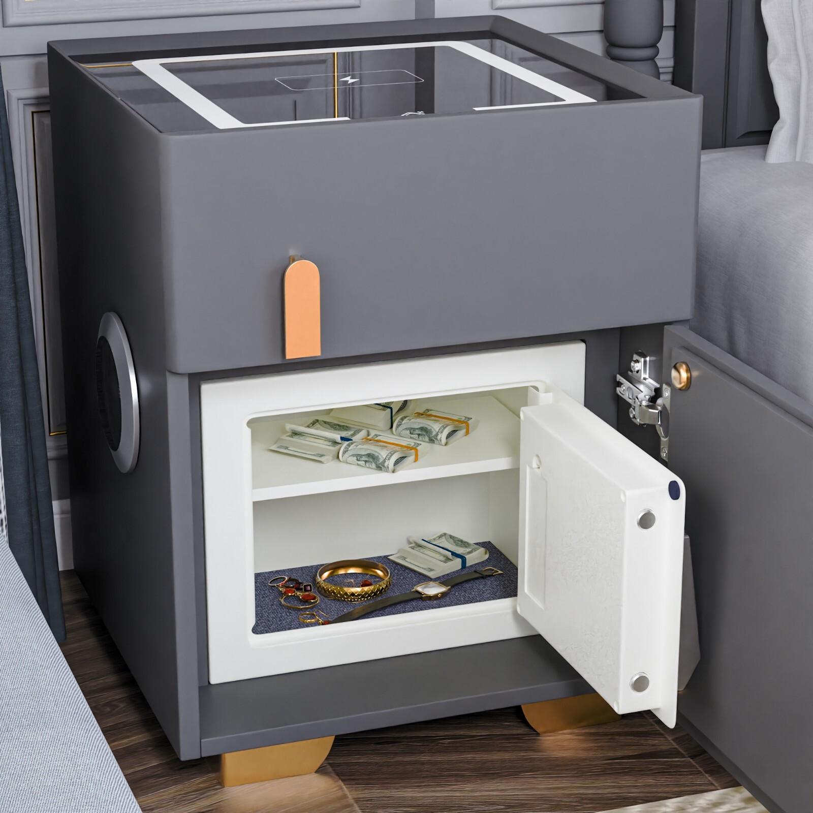 Dark Gray Double Drawer Smart Bedside Table with Safe + Wireless Charging