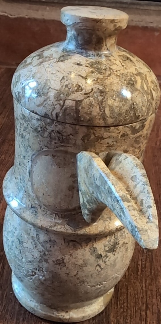 Vtg Marble Stone Tea Set: Pot + Six Cups Gray Brown Marble Patchwork