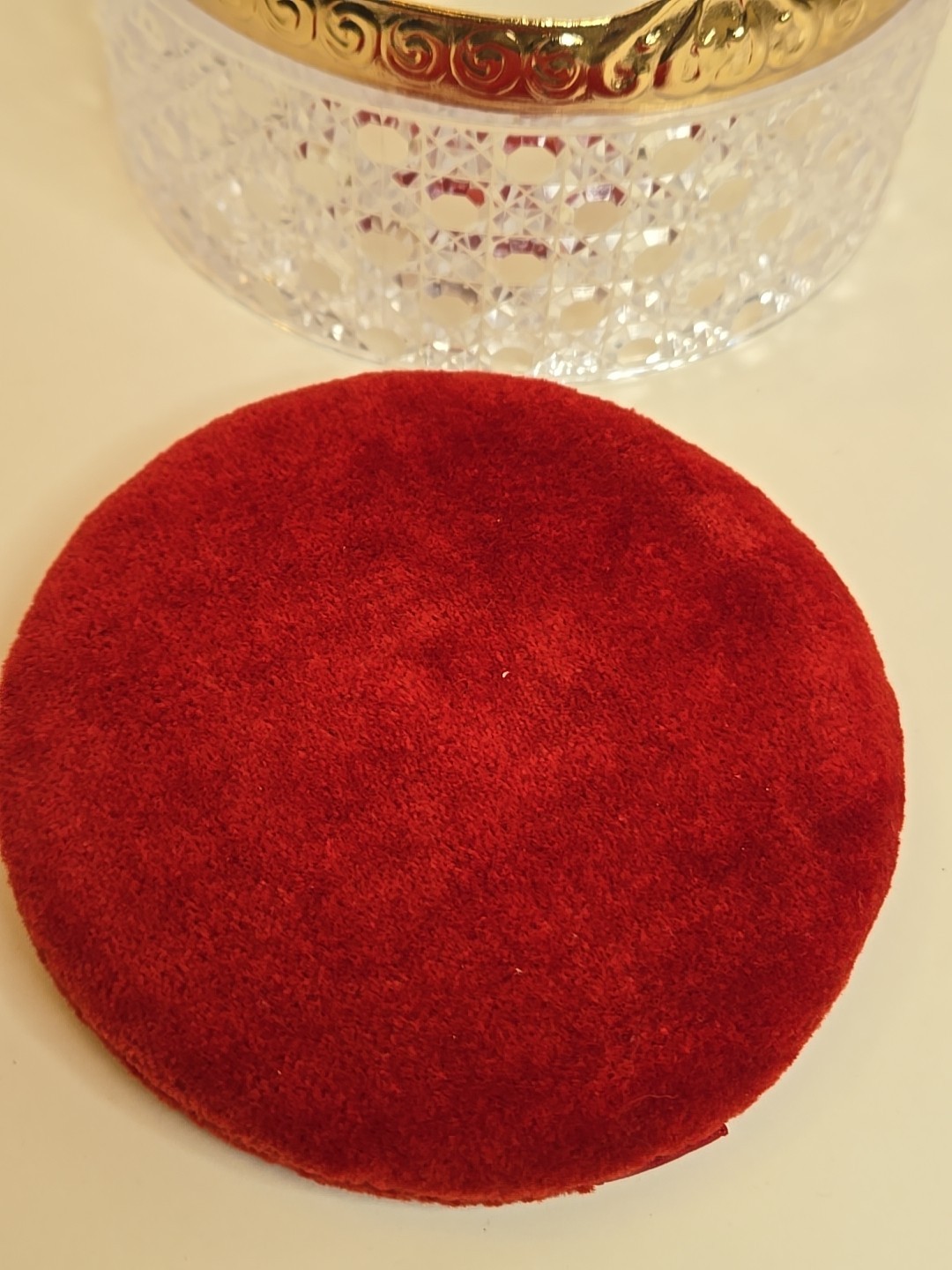 Vintage Avon Powder Box Hollywood Regency Cut Crystal Plastic w Red Puff Vanity